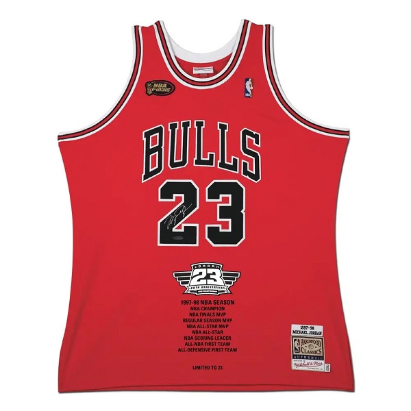 Michael Jordan Autographed 25th Anniversary 1998 Championship Embroidered 1997-98
        Chicago Bulls NBA Finals Patch Red Authentic Mitchell & Ness Jersey